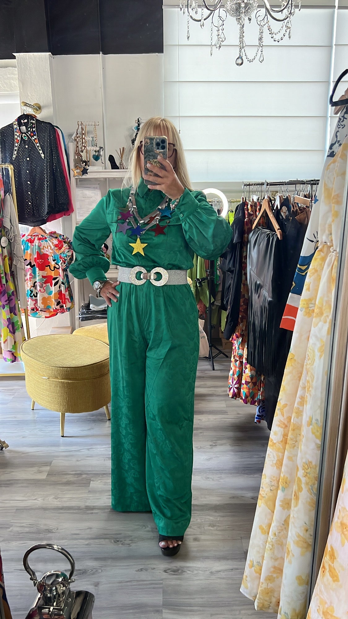 Jacquard Green Satin Jumspsuit - Bella Boutique & Bellasbylola.com