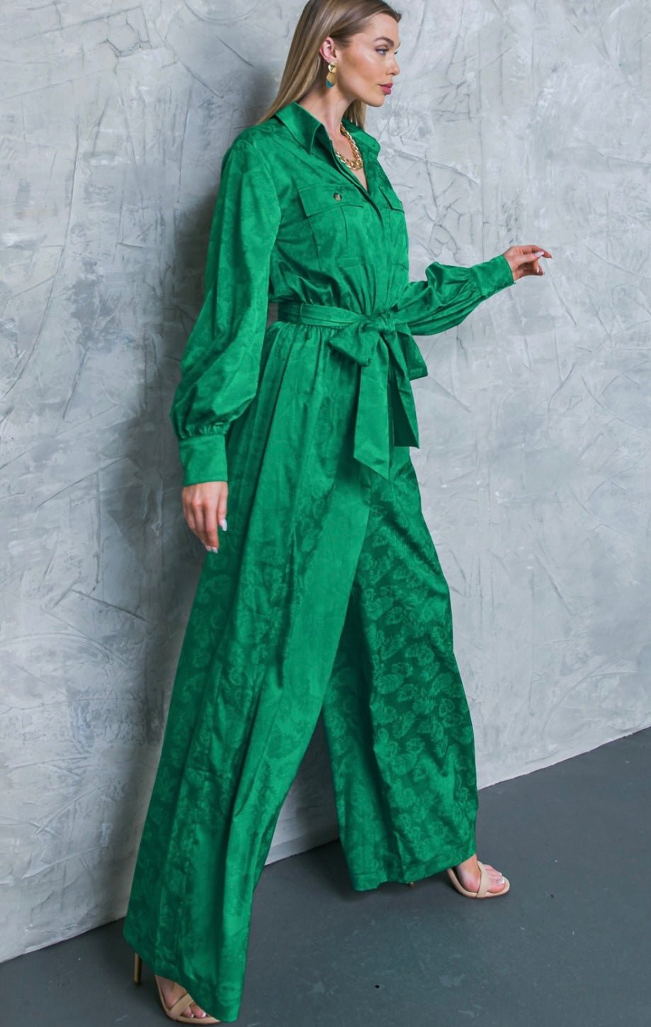 Jacquard Green Satin Jumspsuit - Bella Boutique & Bellasbylola.com