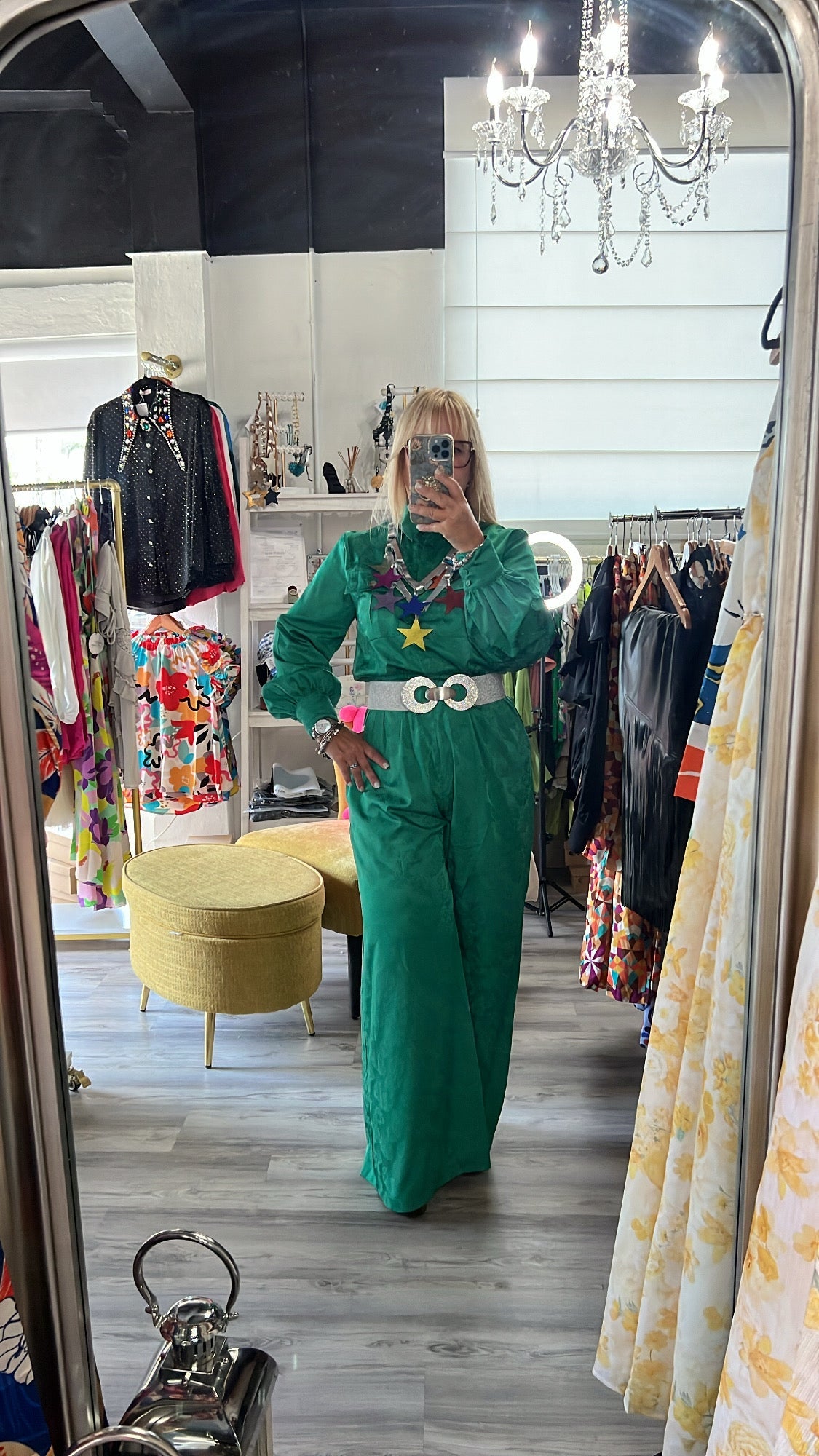 Jacquard Green Satin Jumspsuit - Bella Boutique & Bellasbylola.com