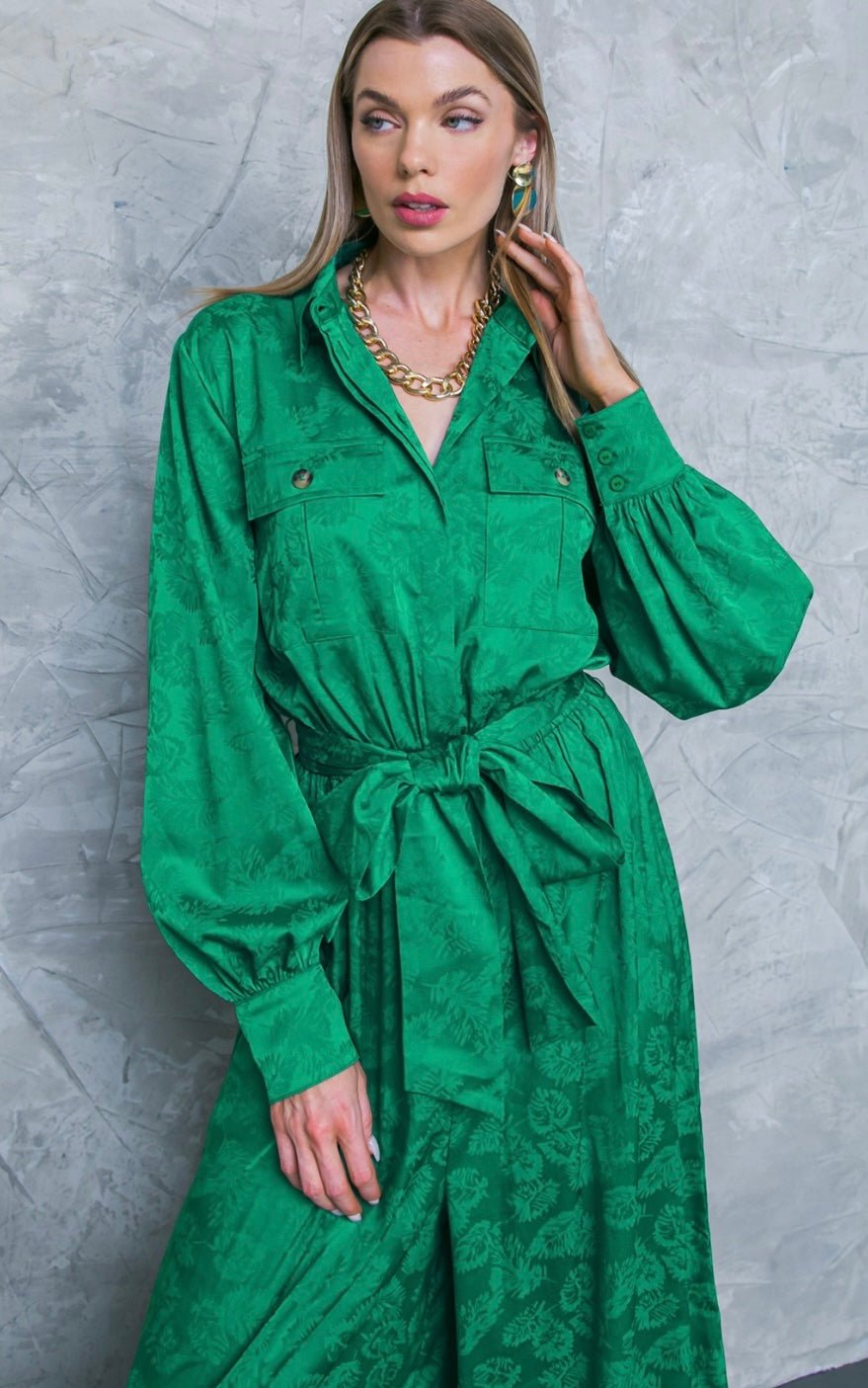 Jacquard Green Satin Jumspsuit - Bella Boutique & Bellasbylola.com