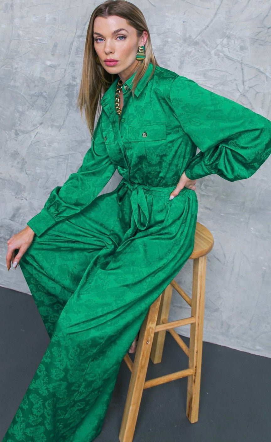 Jacquard Green Satin Jumspsuit - Bella Boutique & Bellasbylola.com
