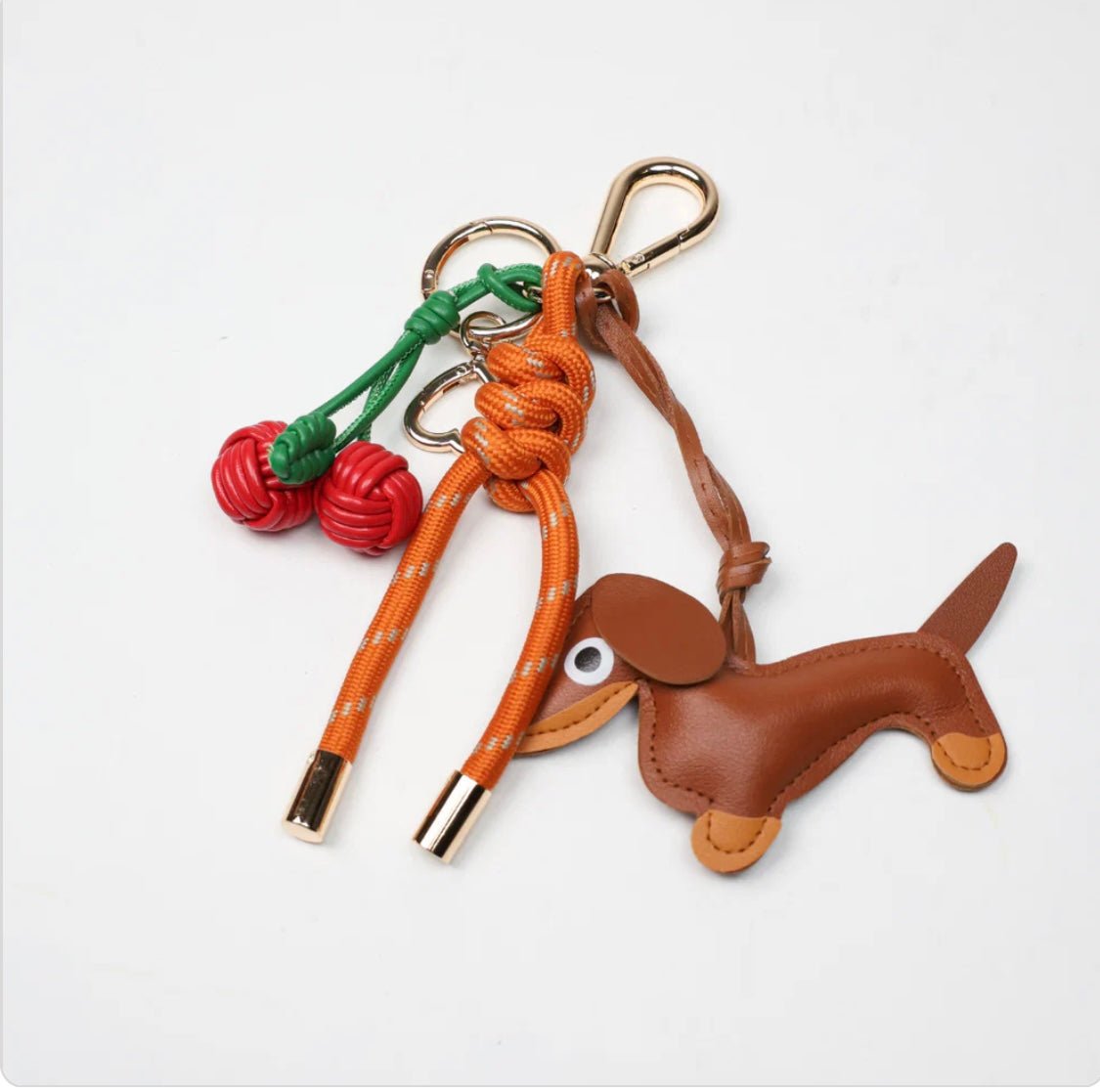KEY CHAIN BURN ORANGE WITH CHARMS - BROWN DOG AND RED CHERRIES - Bella & Bellasbylola.com
