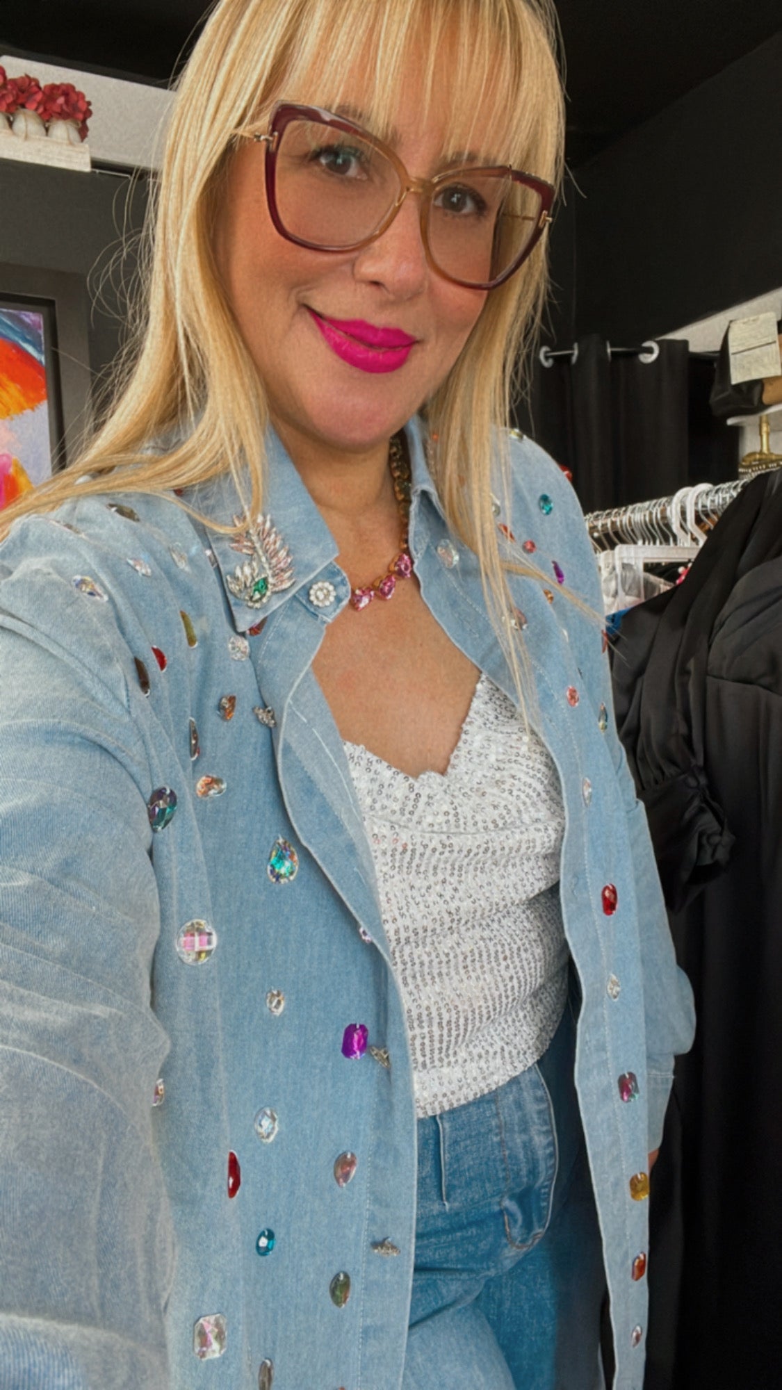 Embellished Denim Long Sleeve Top - Bella Boutique & Bellasbylola.com