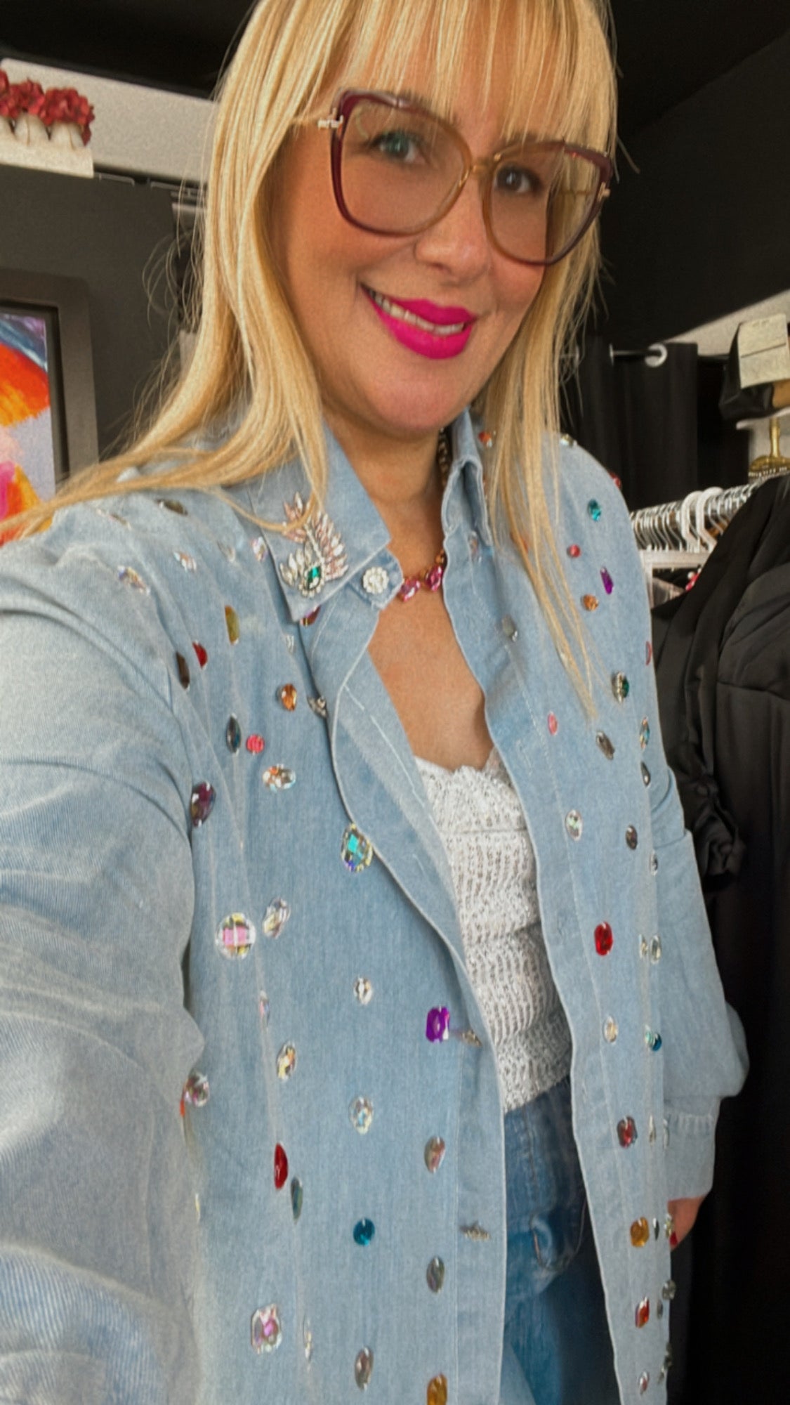 Embellished Denim Long Sleeve Top - Bella Boutique & Bellasbylola.com