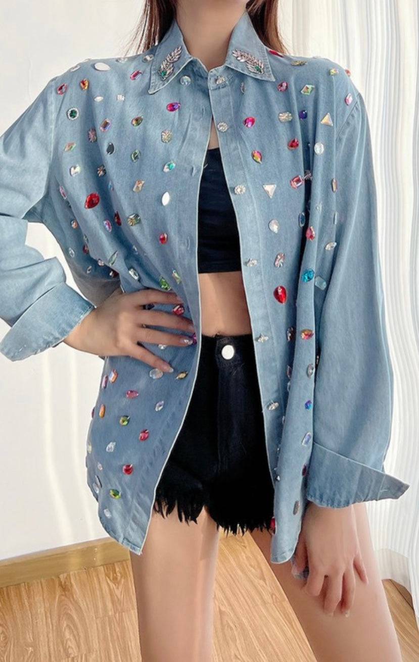Embellished Denim Long Sleeve Top - Bella Boutique & Bellasbylola.com