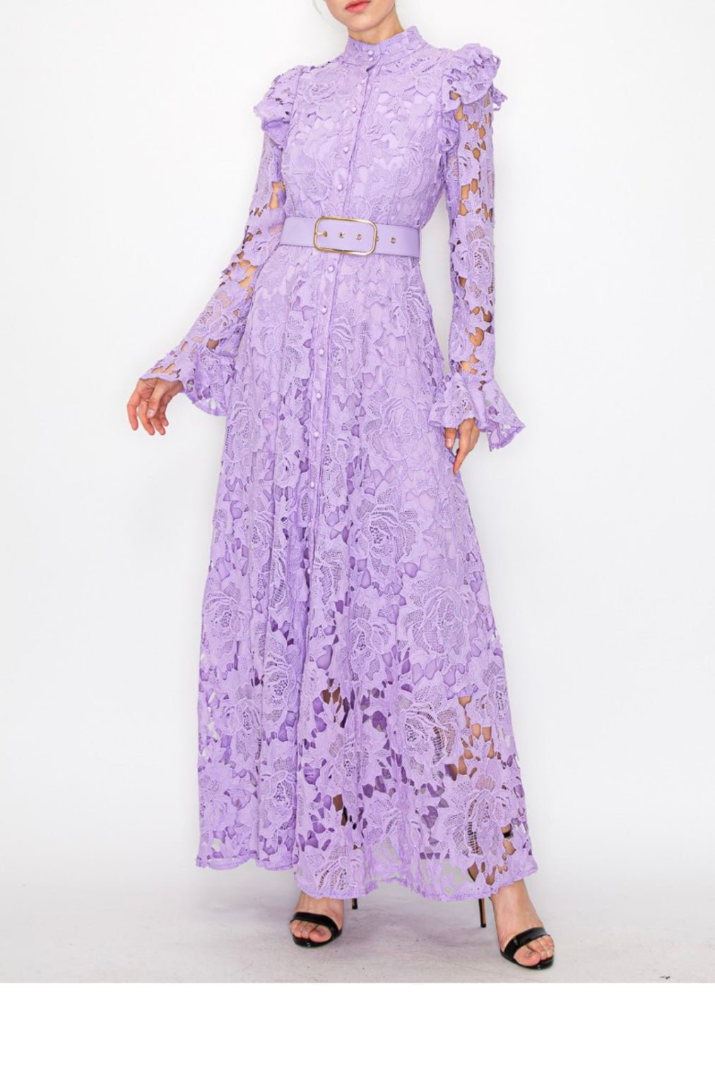 Lila Lace High-Collar Midi Dress - Butterfly Sleeves, Ruffle Cuffs - Bella Boutique & Bellasbylola.com