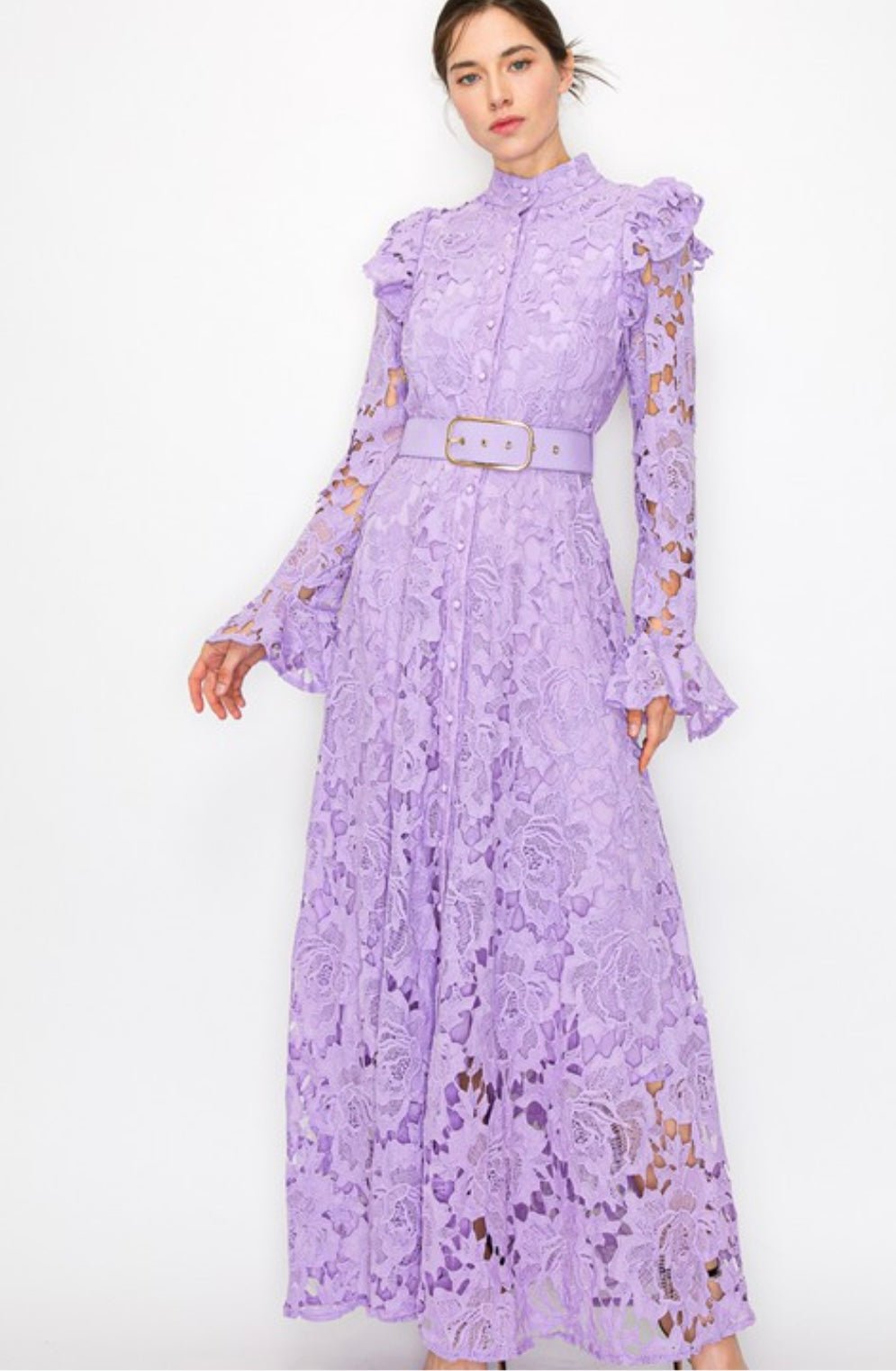 Lila Lace High-Collar Midi Dress - Butterfly Sleeves, Ruffle Cuffs - Bella Boutique & Bellasbylola.com