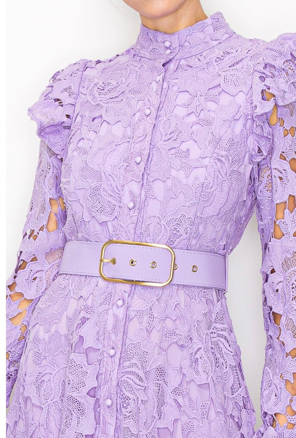 Lila Lace High-Collar Midi Dress - Butterfly Sleeves, Ruffle Cuffs - Bella Boutique & Bellasbylola.com