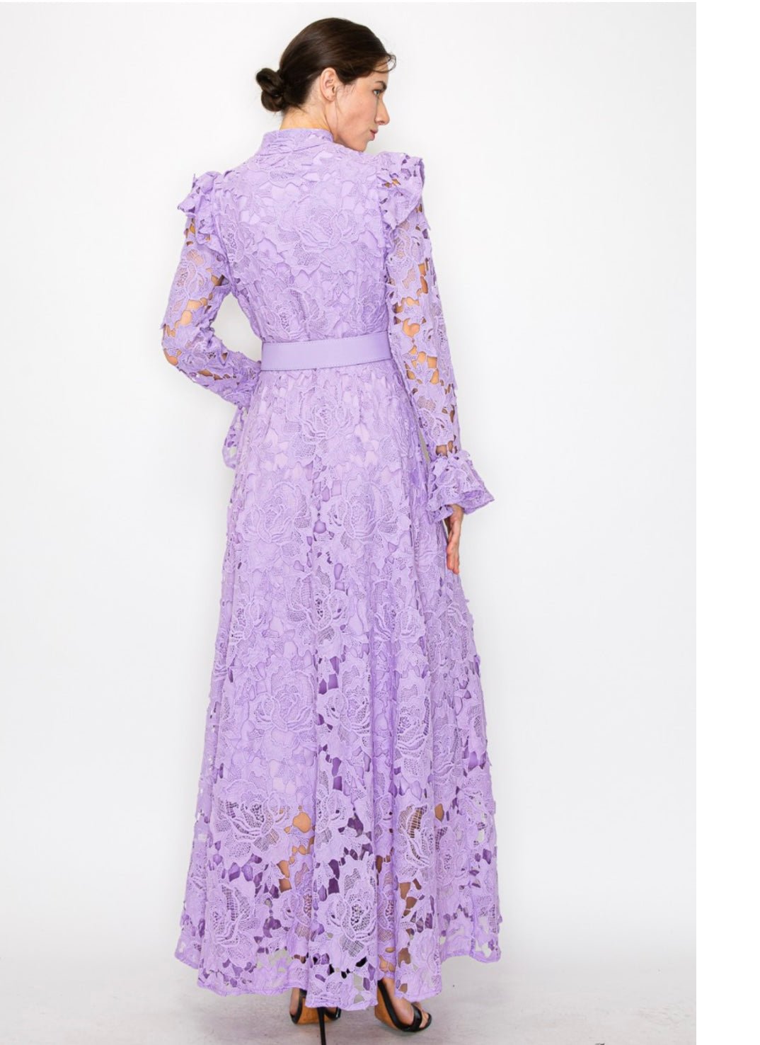 Lila Lace High-Collar Midi Dress - Butterfly Sleeves, Ruffle Cuffs - Bella Boutique & Bellasbylola.com