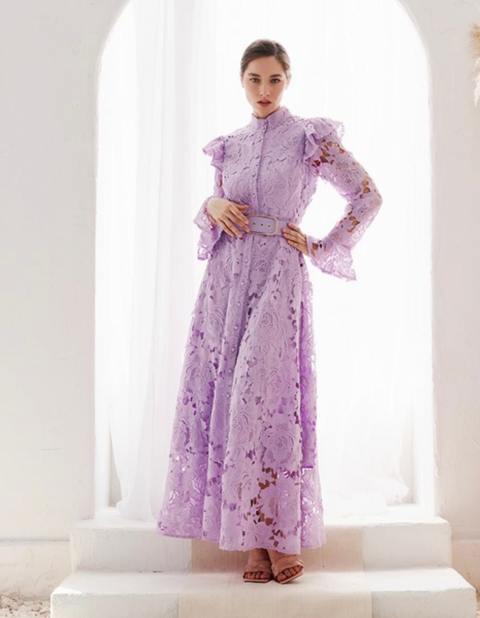 Lila Lace High-Collar Midi Dress - Butterfly Sleeves, Ruffle Cuffs - Bella Boutique & Bellasbylola.com
