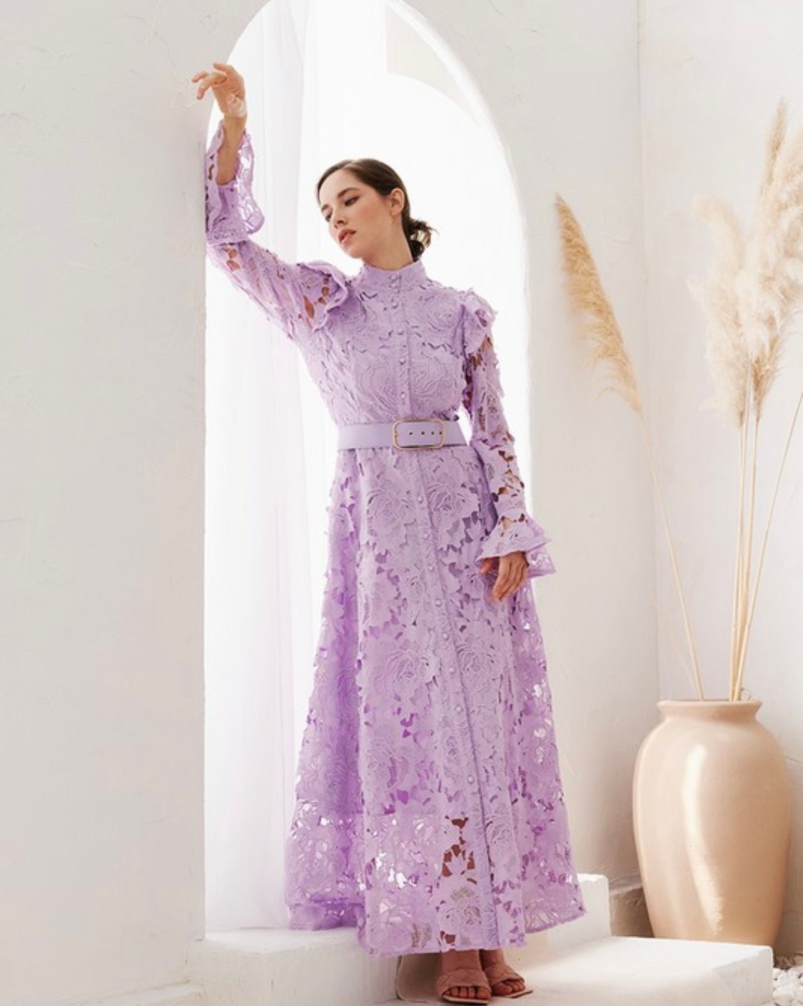 Lila Lace High-Collar Midi Dress - Butterfly Sleeves, Ruffle Cuffs - Bella Boutique & Bellasbylola.com