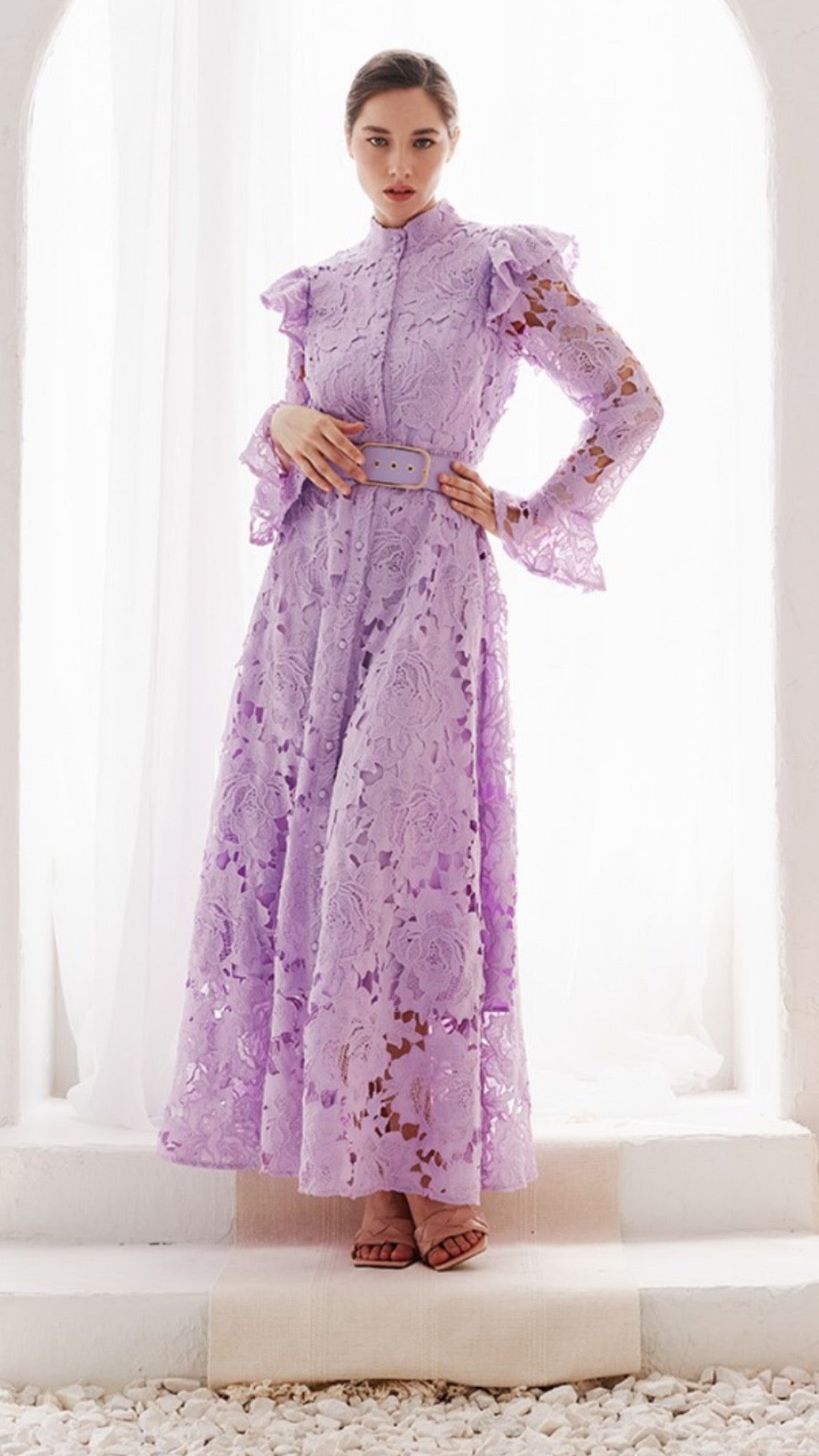 Lila Lace High-Collar Midi Dress - Butterfly Sleeves, Ruffle Cuffs - Bella Boutique & Bellasbylola.com