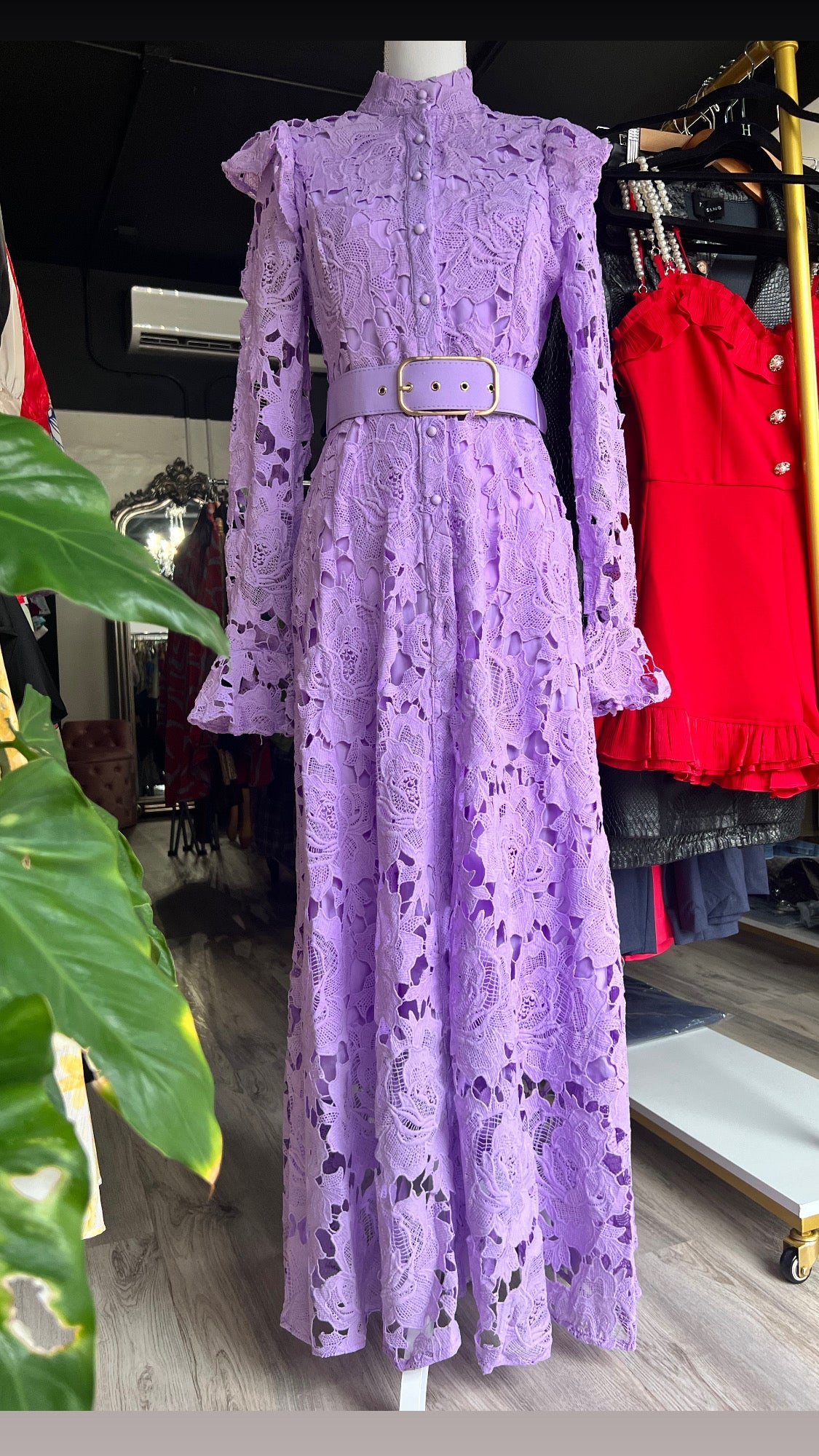 Lila Lace High-Collar Midi Dress - Butterfly Sleeves, Ruffle Cuffs - Bella Boutique & Bellasbylola.com