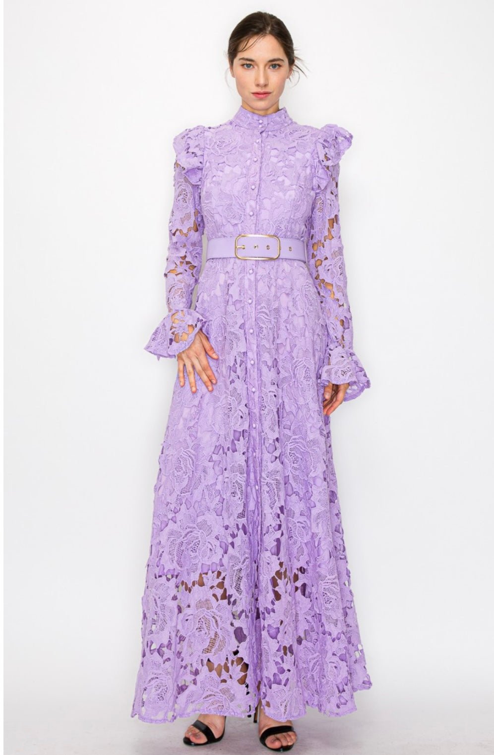 Lila Lace High-Collar Midi Dress - Butterfly Sleeves, Ruffle Cuffs - Bella Boutique & Bellasbylola.com