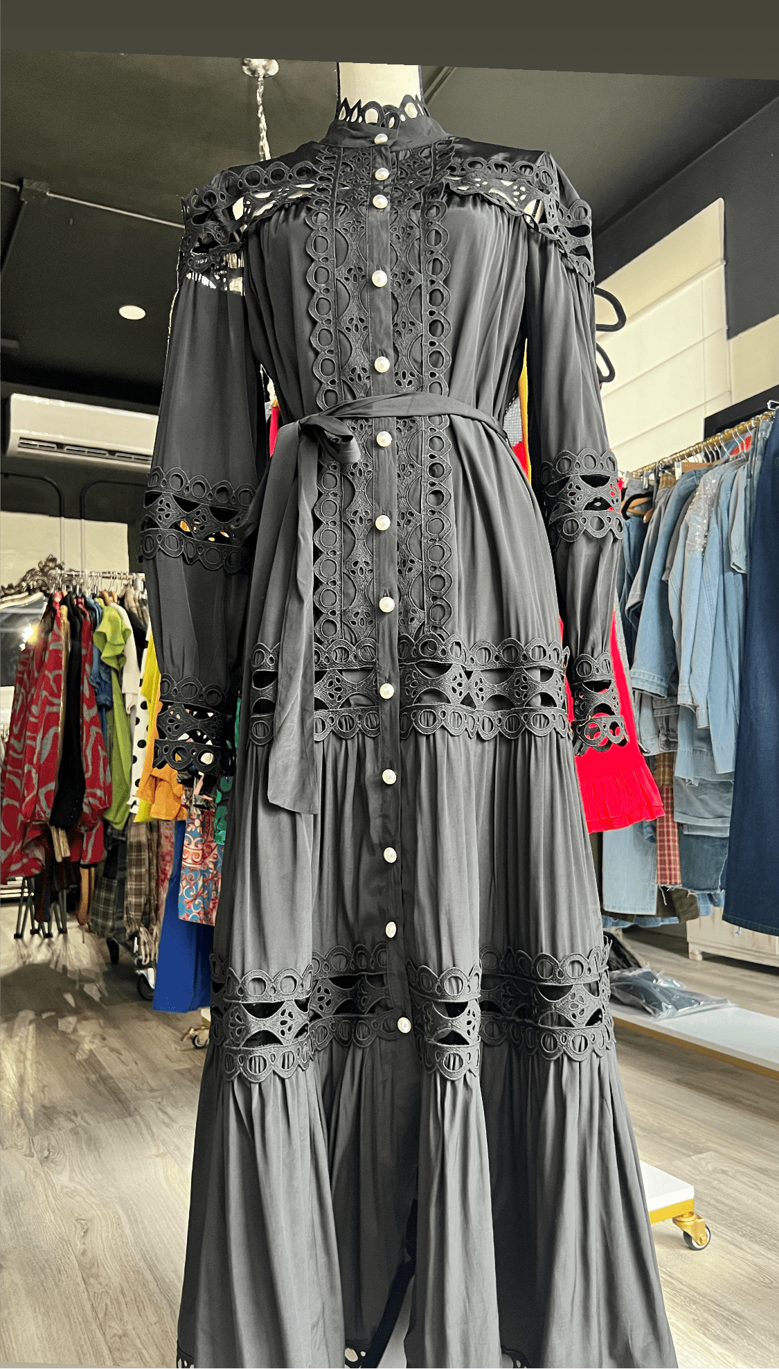 Black Crochet Maxi Dress with Self Tie Belt Pearl Button Closure - Sleeve and Bodice Cut - Bella Boutique & Bellasbylola.com