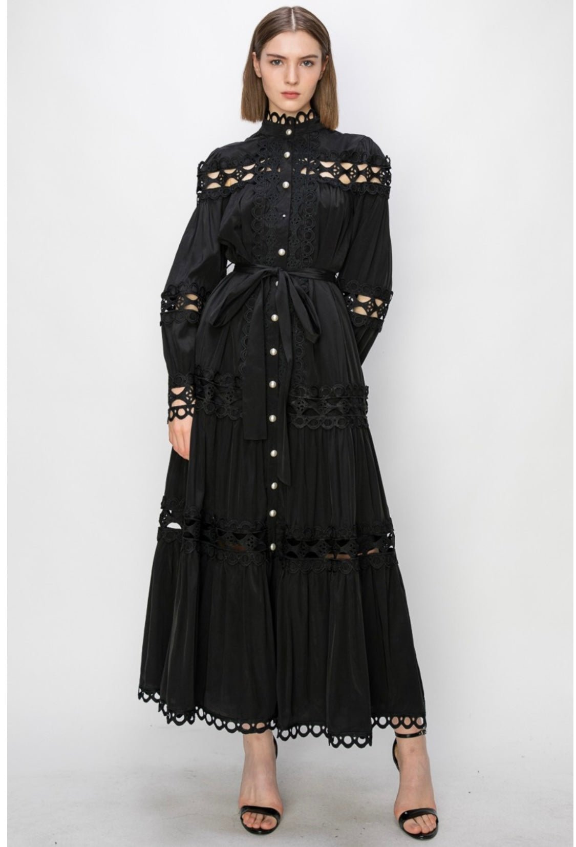 Black Crochet Maxi Dress with Self Tie Belt Pearl Button Closure - Sleeve and Bodice Cut - Bella Boutique & Bellasbylola.com