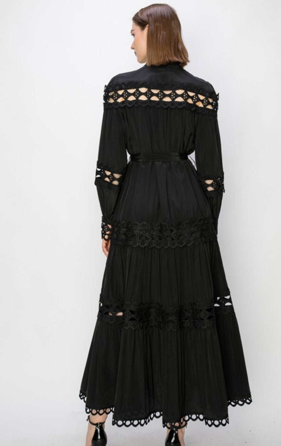 Black Crochet Maxi Dress with Self Tie Belt Pearl Button Closure - Sleeve and Bodice Cut - Bella Boutique & Bellasbylola.com