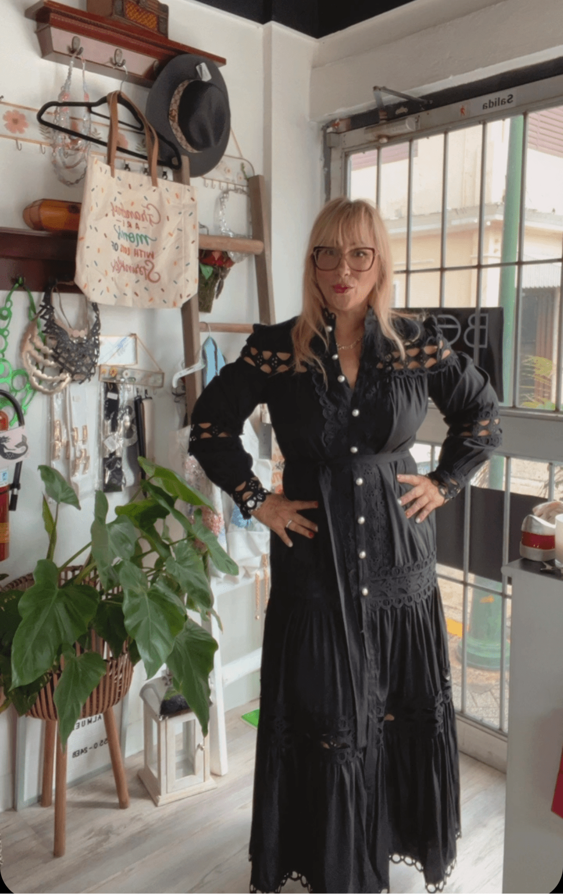 Black Crochet Maxi Dress with Self Tie Belt Pearl Button Closure - Sleeve and Bodice Cut - Bella Boutique & Bellasbylola.com