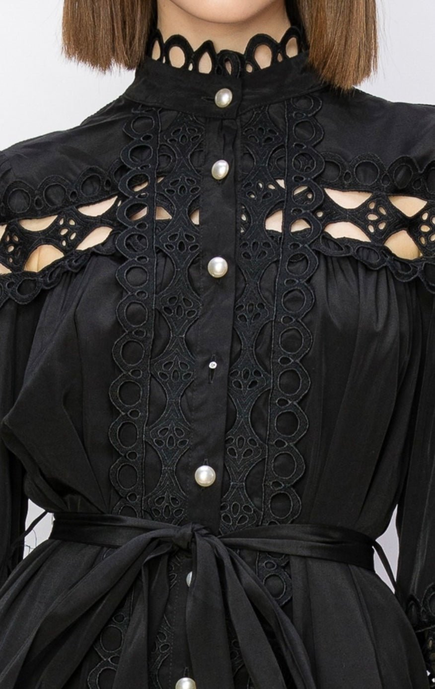 Black Crochet Maxi Dress with Self Tie Belt Pearl Button Closure - Sleeve and Bodice Cut - Bella Boutique & Bellasbylola.com