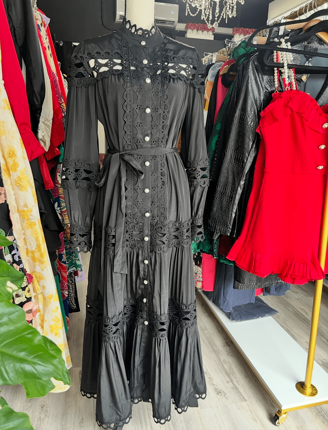 Black Crochet Maxi Dress with Self Tie Belt Pearl Button Closure - Sleeve and Bodice Cut - Bella Boutique & Bellasbylola.com