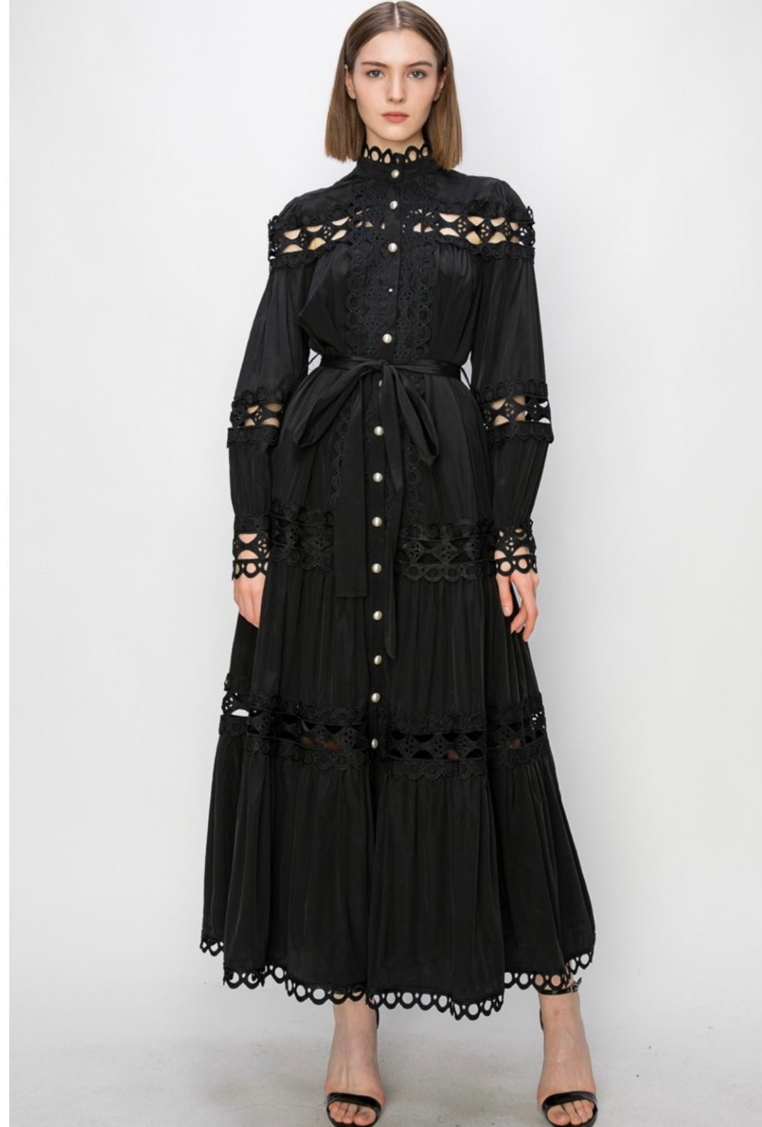 Black Crochet Maxi Dress with Self Tie Belt Pearl Button Closure - Sleeve and Bodice Cut - Bella Boutique & Bellasbylola.com