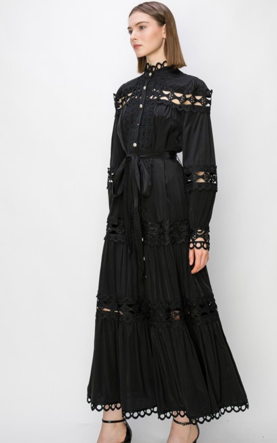 Black Crochet Maxi Dress with Self Tie Belt Pearl Button Closure - Sleeve and Bodice Cut - Bella Boutique & Bellasbylola.com
