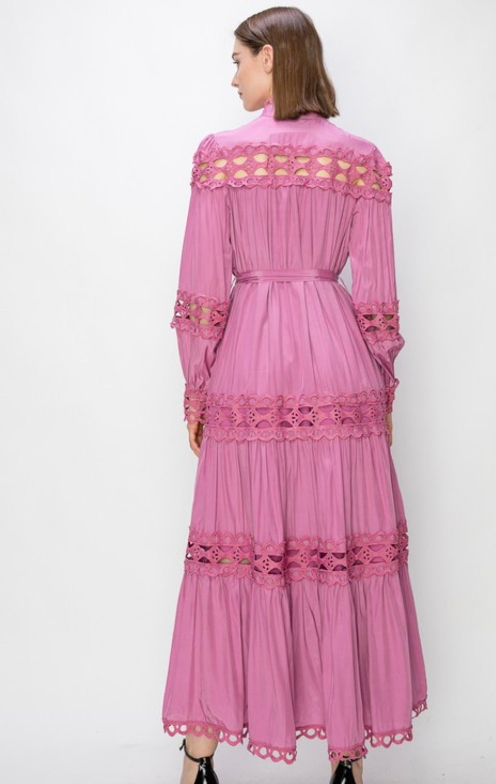 Deep Rose Maxi Dress: Elegant Mock Neck with Crochet Detailing & Self-Tie Belt - - Bella Boutique & Bellasbylola.com