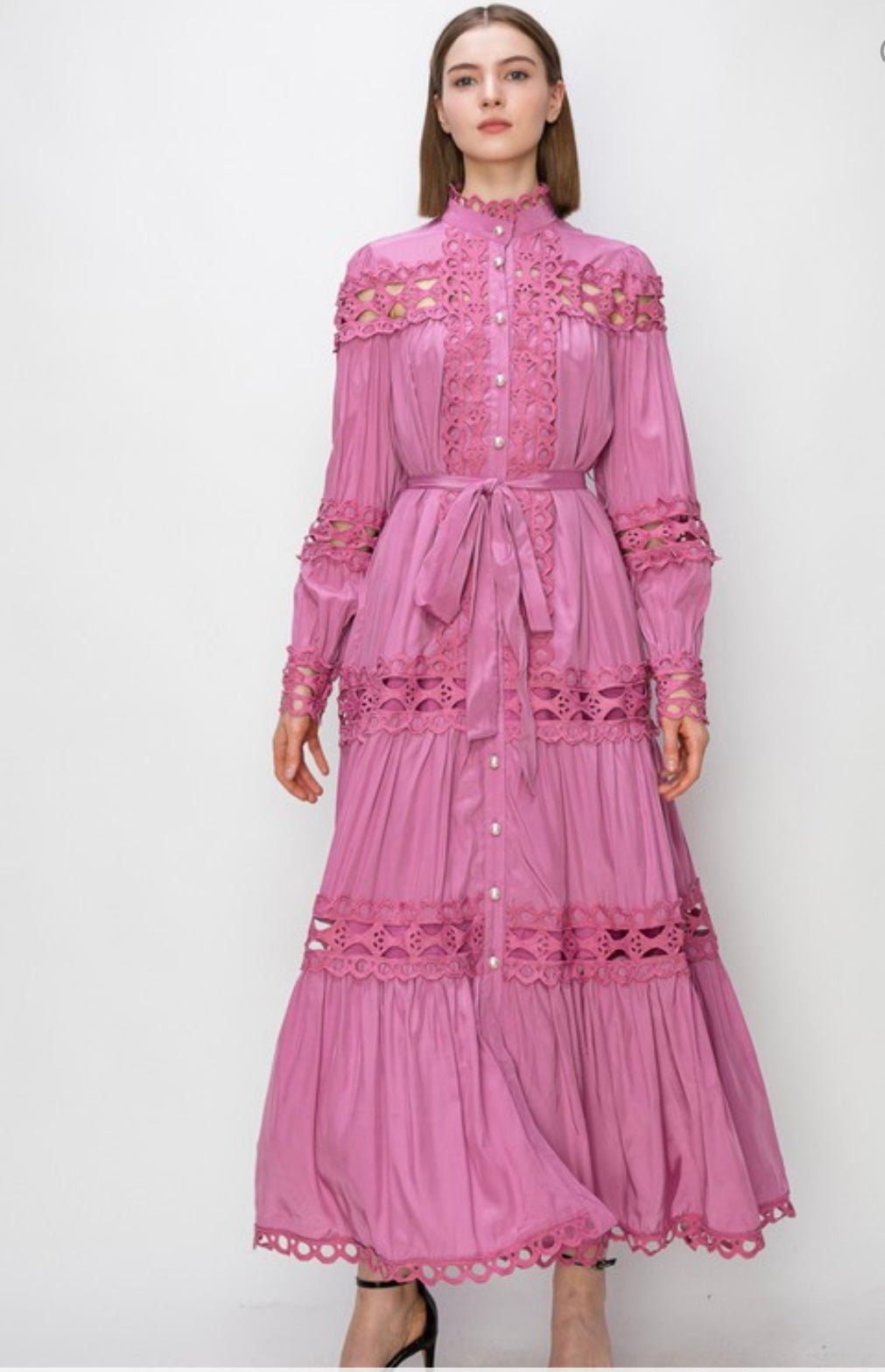 Deep Rose Maxi Dress: Elegant Mock Neck with Crochet Detailing & Self-Tie Belt - Bella Boutique & Bellasbylola.com