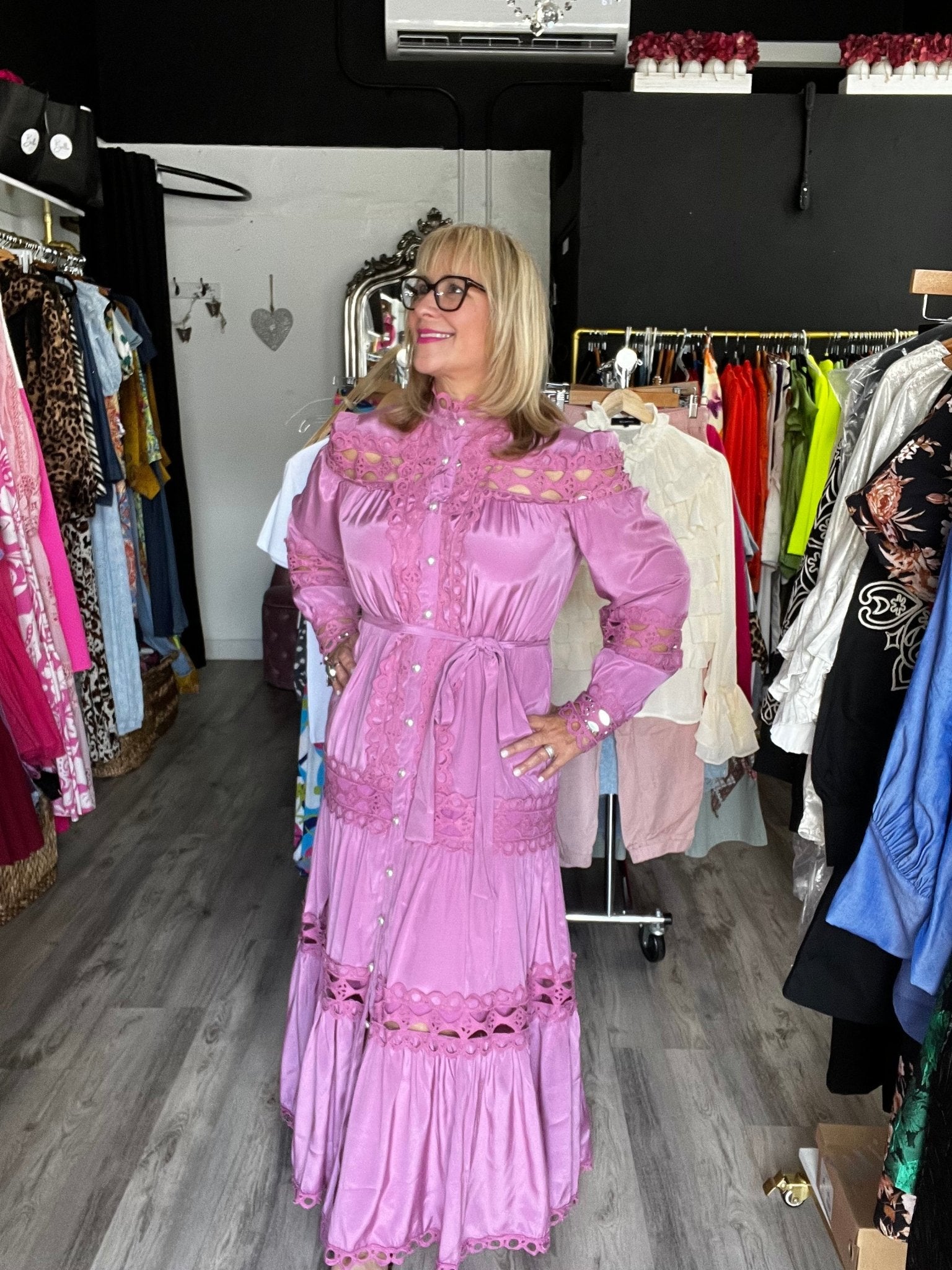 Deep Rose Maxi Dress: Elegant Mock Neck with Crochet Detailing & Self-Tie Belt - Bella Boutique & Bellasbylola.com