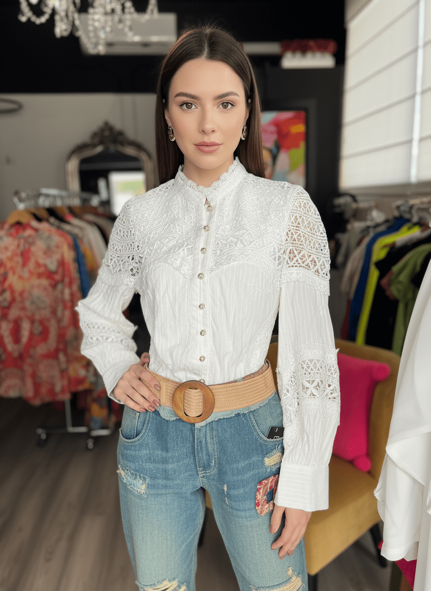 Luxurious White Lace Blouse: Elegant Long Sleeve Button - Down with Delicate Details - Bella Boutique & Bellasbylola.com