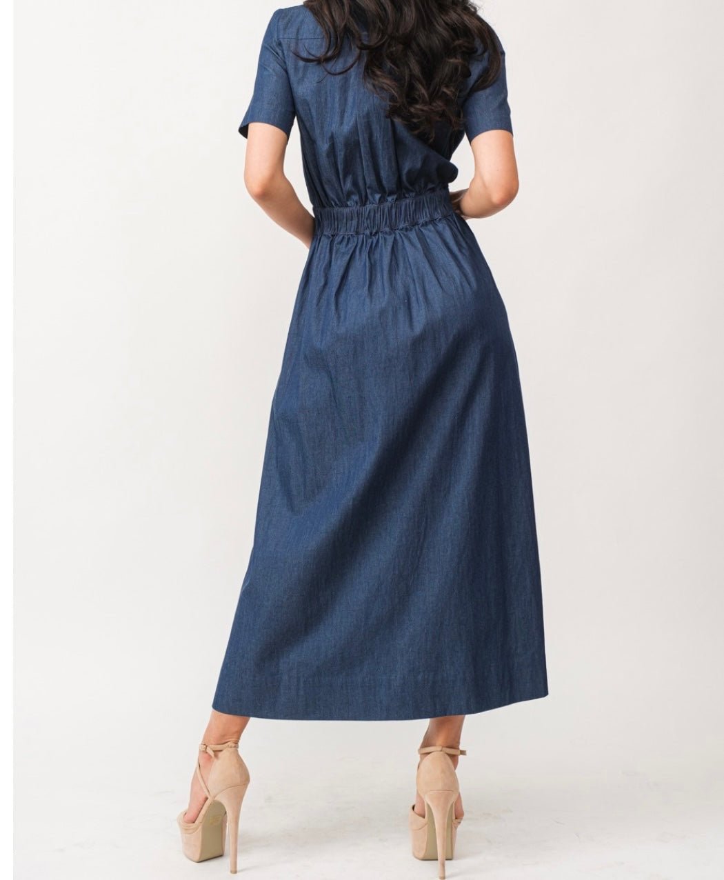 Denim A-Line Margarita Midi Dress - Women's Style - Bella Boutique & Bellasbylola.com