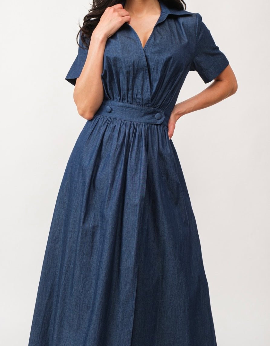 Denim A-Line Margarita Midi Dress - Women's Style - Bella Boutique & Bellasbylola.com