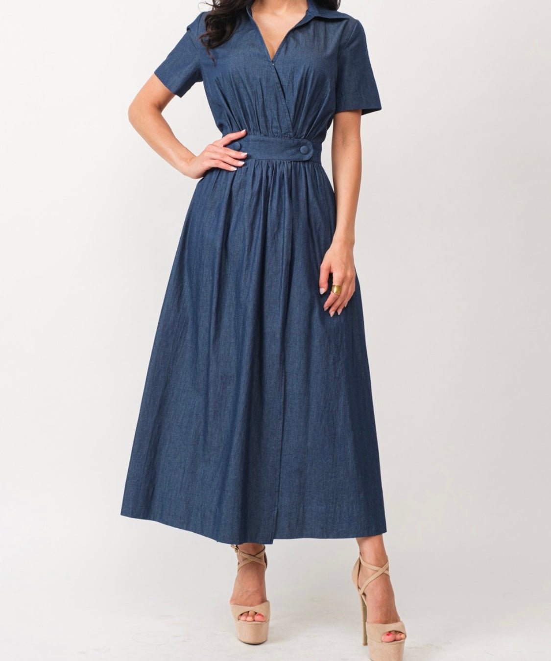 Denim A-Line Margarita Midi Dress - Women's Style - Bella Boutique & Bellasbylola.com