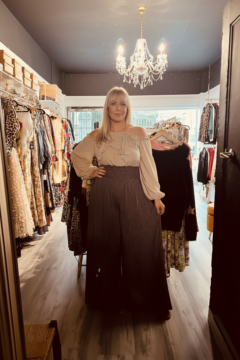 A woman stands in a boutique fitting room wearing a beige off-the-shoulder long-sleeve top and a dark brown pleated maxi skirt. Clothing racks line both sides of the store, and a chandelier hangs overhead.