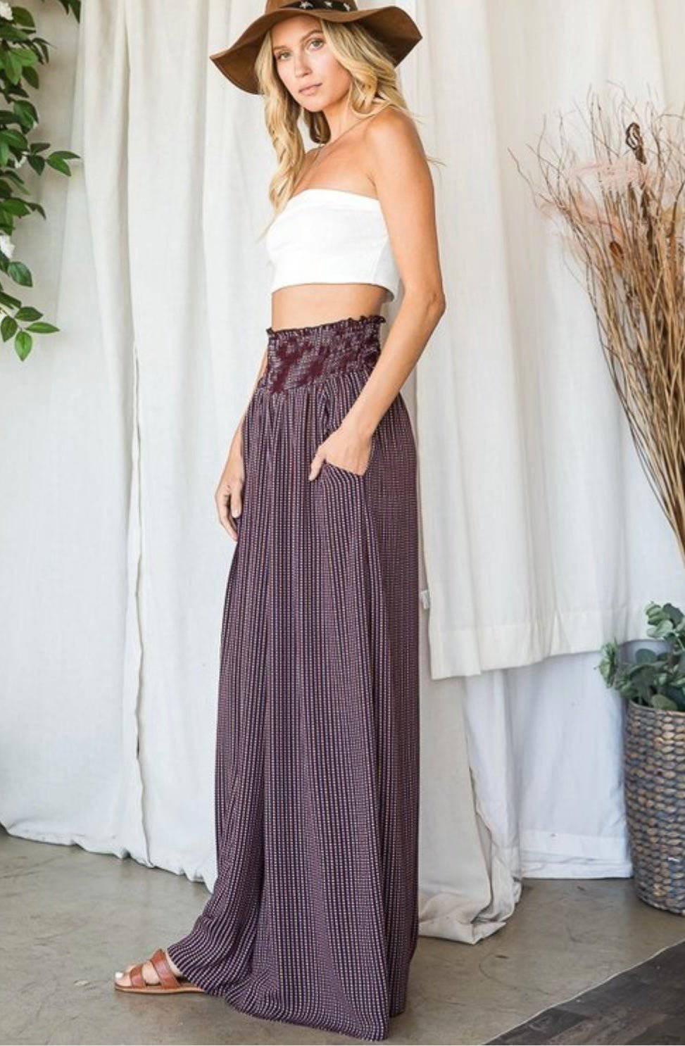 Smocked Waist Wide Leg Maxi Pants - High-rise style, Pleated, Side Pockets - True to size - Bella Boutique & Bellasbylola.com