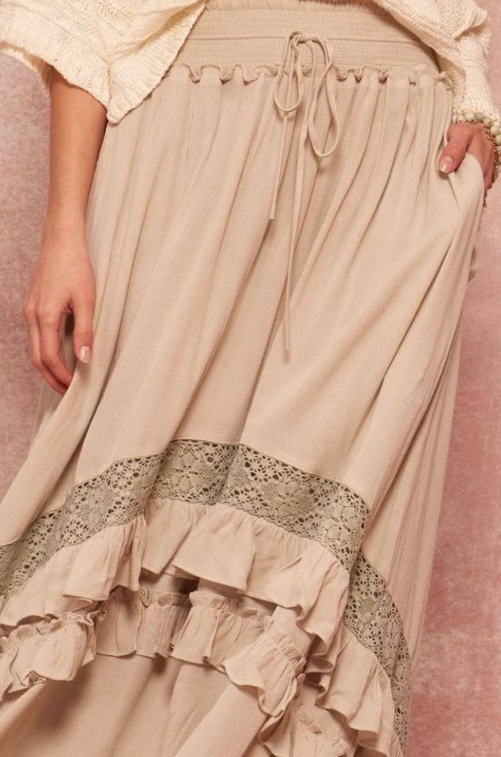 Tiered Ruffle Maxi Skirt with Crochet Lace Trim and Pockets - Bella Boutique & Bellasbylola.com