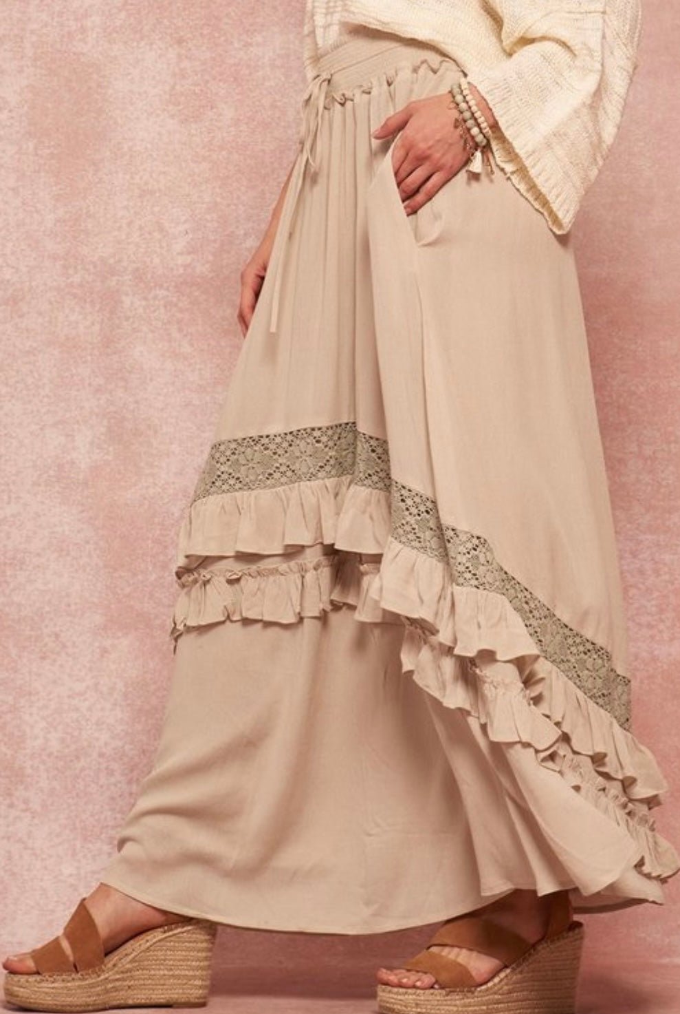 Tiered Ruffle Maxi Skirt with Crochet Lace Trim and Pockets - Bella Boutique & Bellasbylola.com