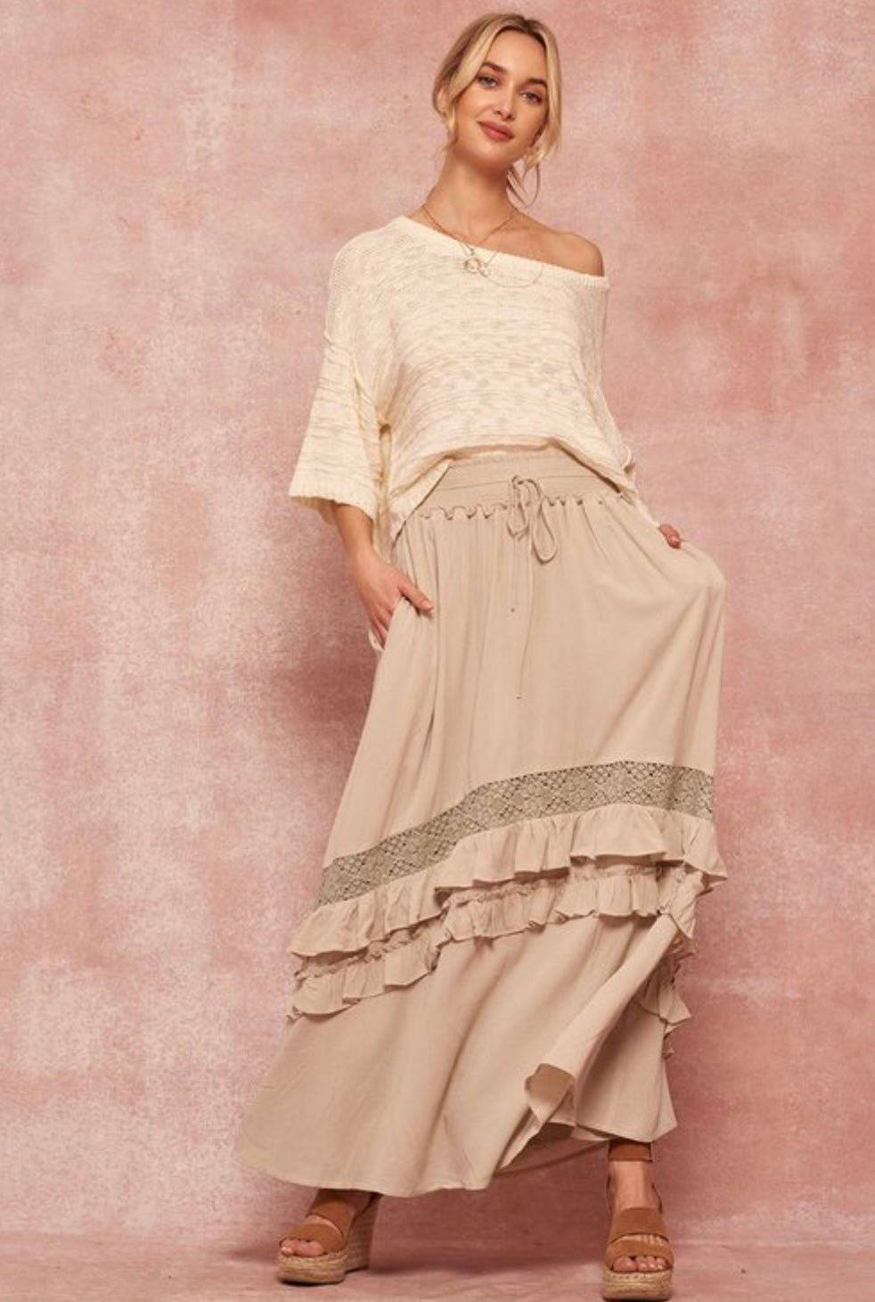 Tiered Ruffle Maxi Skirt with Crochet Lace Trim and Pockets - Bella Boutique & Bellasbylola.com