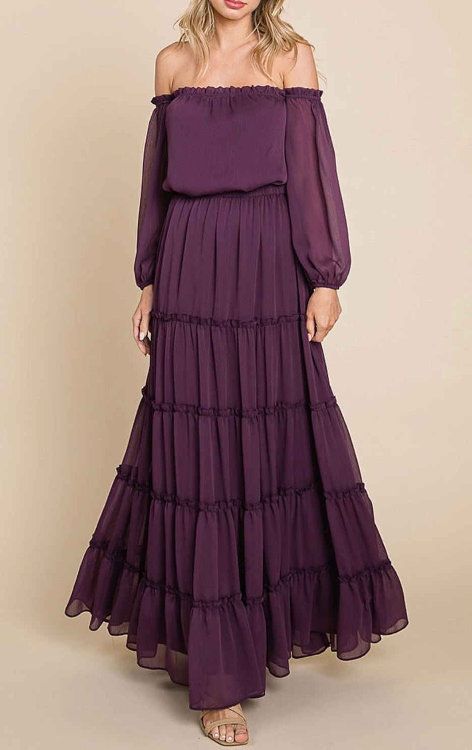 Morado Maxi Dress: Ethereal Elegance, Effortless off-shoulder neckline, True to size 🌟 - Bella Boutique & Bellasbylola.com