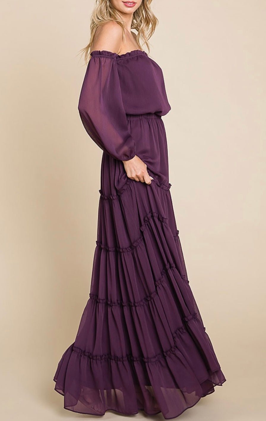Morado Maxi Dress: Ethereal Elegance, Effortless off-shoulder neckline, True to size 🌟 - Bella Boutique & Bellasbylola.com