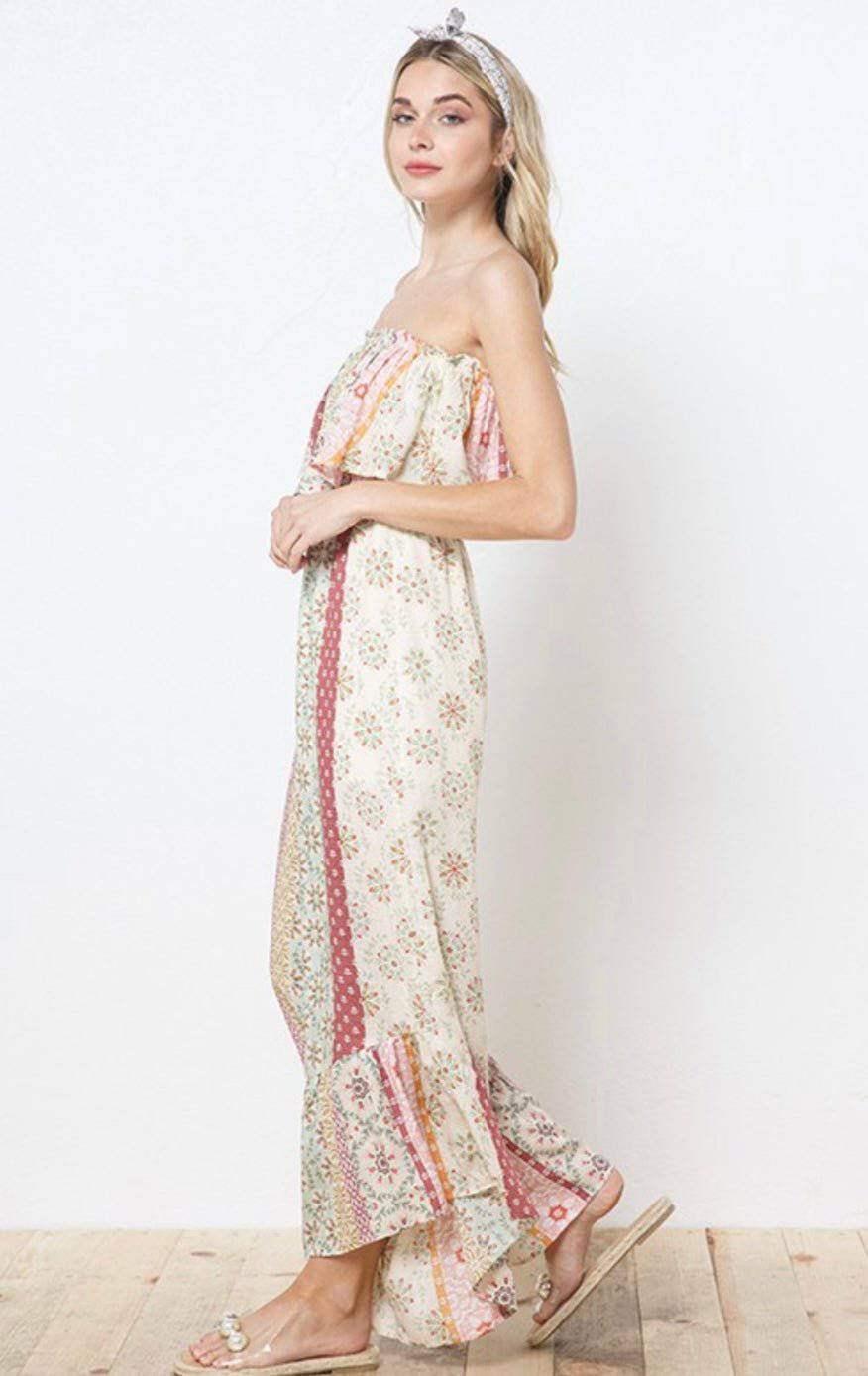 Jacquard Patch Print Tube Jumpsuit - Wide Legs & Elastic Waist - Bella Boutique & Bellasbylola.com
