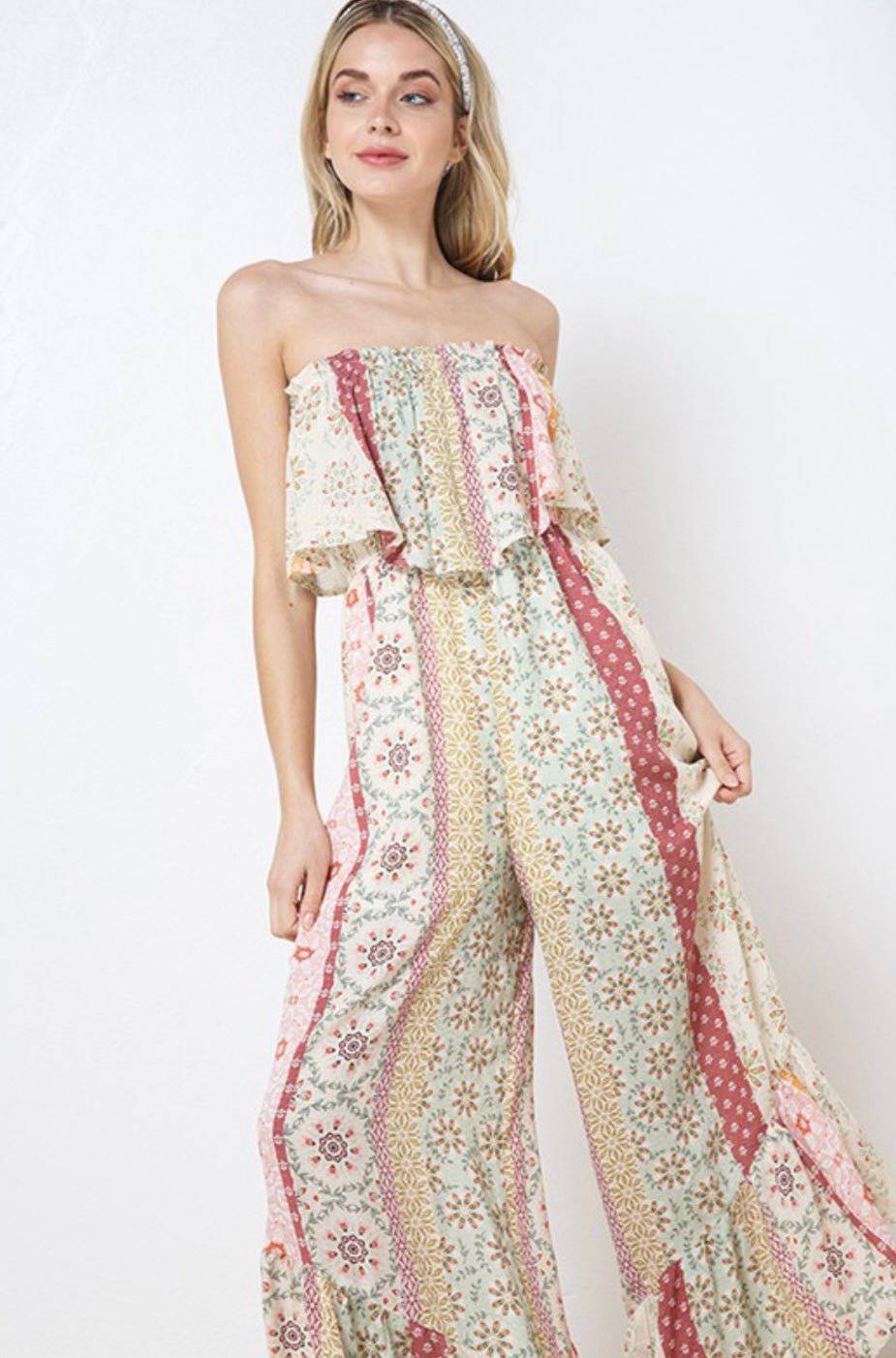 Jacquard Patch Print Tube Jumpsuit - Wide Legs & Elastic Waist - Bella Boutique & Bellasbylola.com