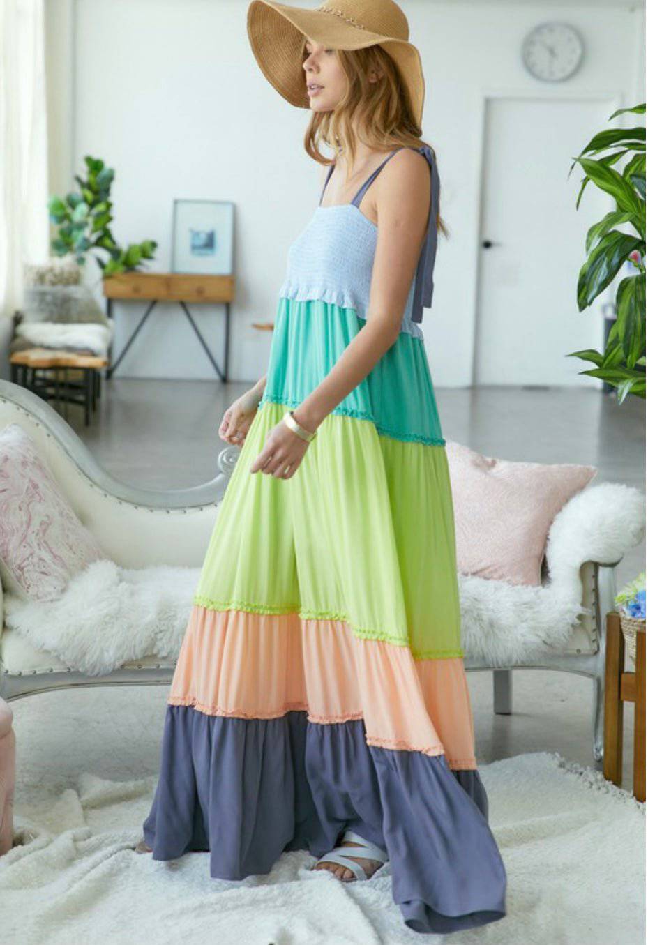 Color Block Smocked Sleeveless Maxi Dress - 100% Rayon - Lined - Bella Boutique & Bellasbylola.com