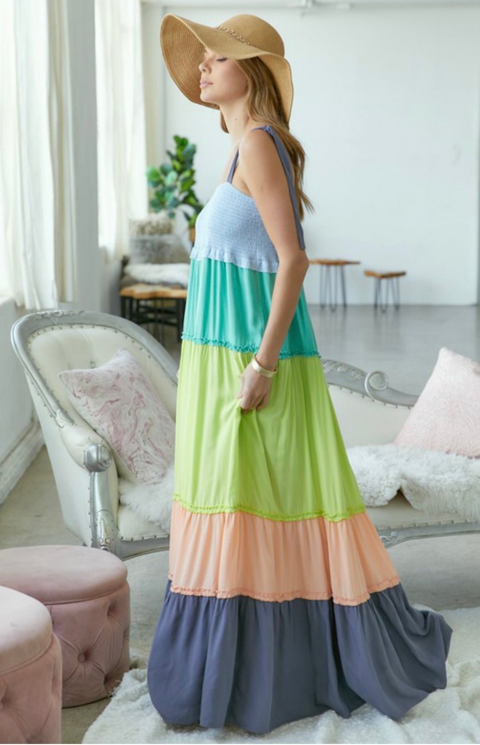 Color Block Smocked Sleeveless Maxi Dress - 100% Rayon - Lined - Bella Boutique & Bellasbylola.com
