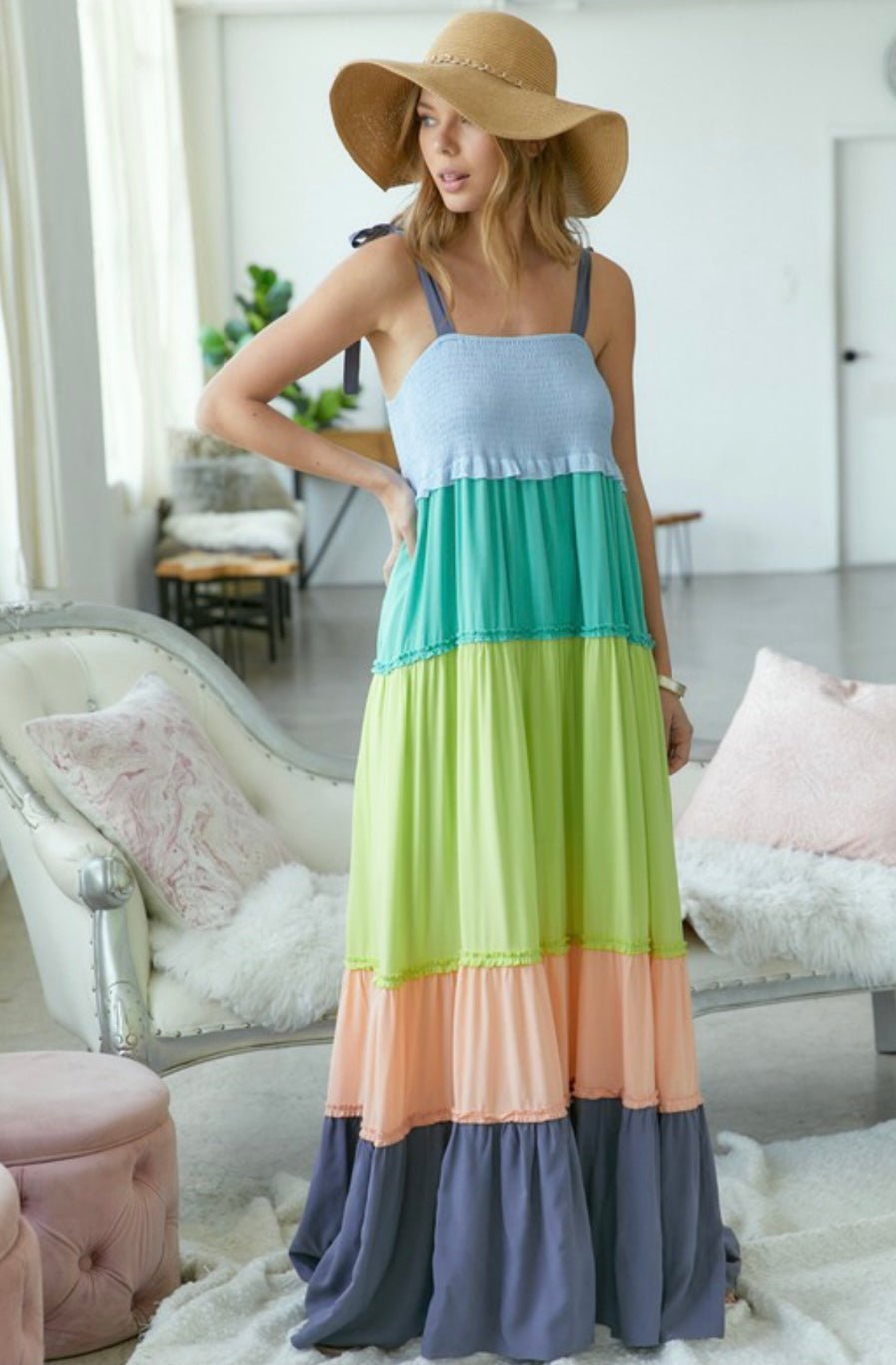 Color Block Smocked Sleeveless Maxi Dress - 100% Rayon - Lined - Bella Boutique & Bellasbylola.com