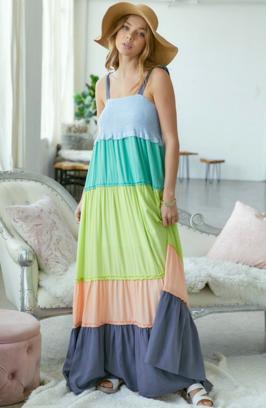 Color Block Smocked Sleeveless Maxi Dress - 100% Rayon - Lined - Bella Boutique & Bellasbylola.com
