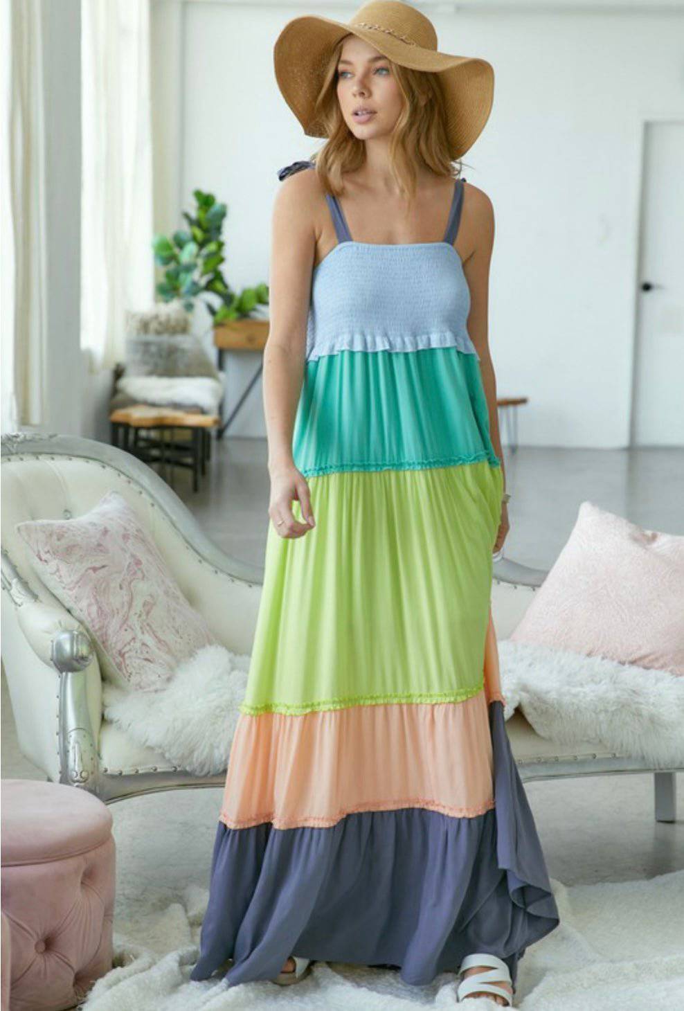 Color Block Smocked Sleeveless Maxi Dress - 100% Rayon - Lined - Bella Boutique & Bellasbylola.com