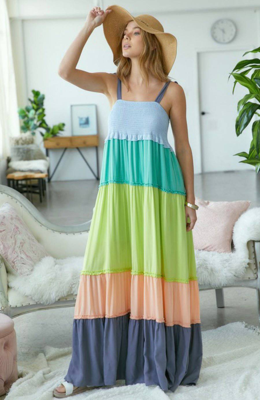 Color Block Smocked Sleeveless Maxi Dress - 100% Rayon - Lined - Bella Boutique & Bellasbylola.com