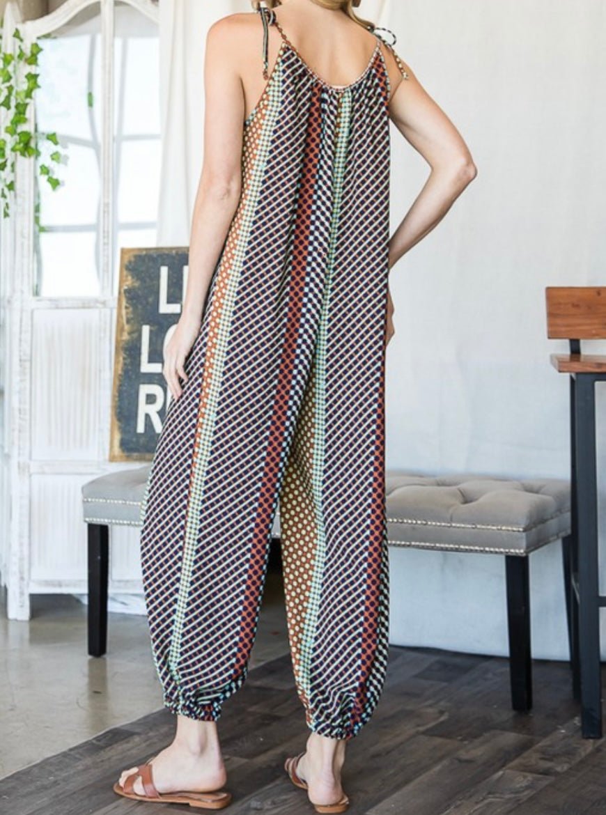 Geo Print Draped Jumpsuit with Adjustable Straps - Size Down Styler - Bella Boutique & Bellasbylola.com