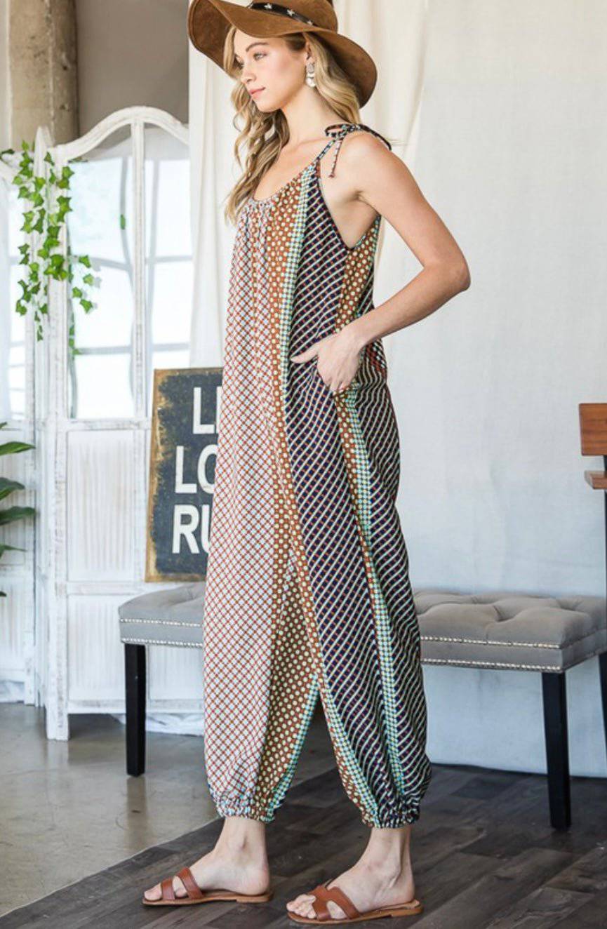 Geo Print Draped Jumpsuit with Adjustable Straps - Size Down Styler - Bella Boutique & Bellasbylola.com